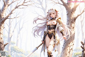 A woman in a detailed fantasy outfit with armor and a sword.