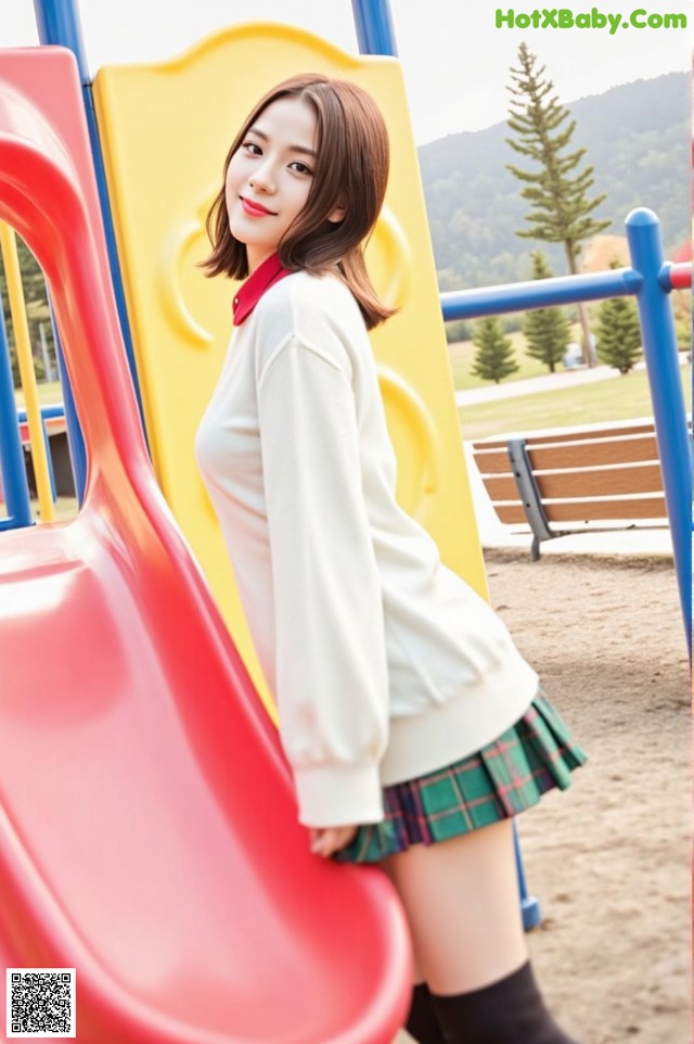 A woman in a school uniform standing next to a slide.