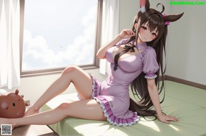 Anime girl with big tits sitting on a bed.