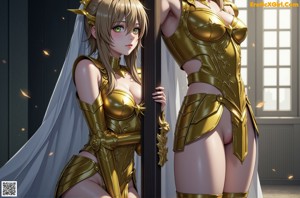 A woman in a gold armor is posing for a picture.