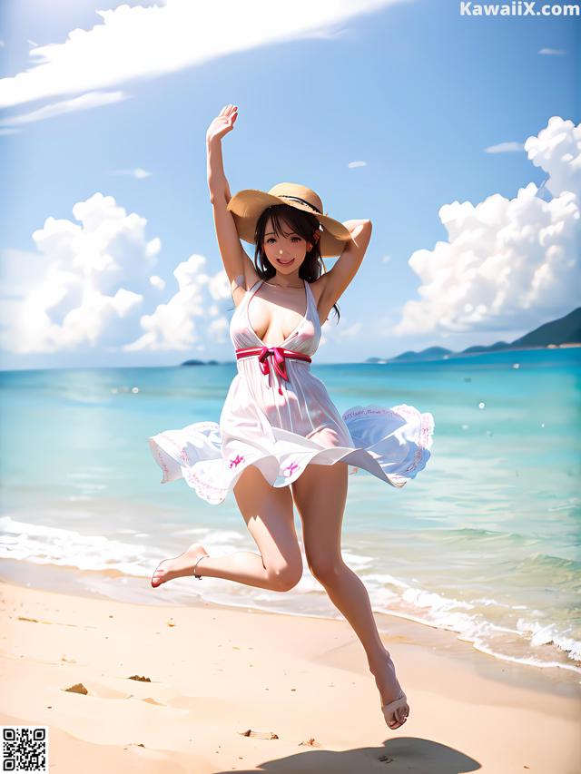 A woman in a white dress and hat jumping on the beach.