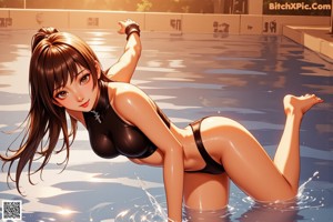 A woman in a bikini sitting in a pool.