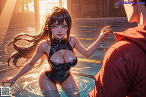 A woman in a bikini sitting in a pool.