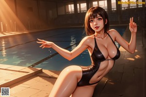 A woman in a black bikini sitting by a swimming pool.