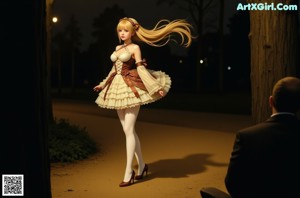 A girl in a black and white dress holding a lantern.