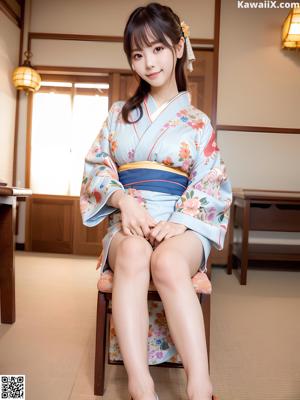 A woman in a kimono sitting on a rock.