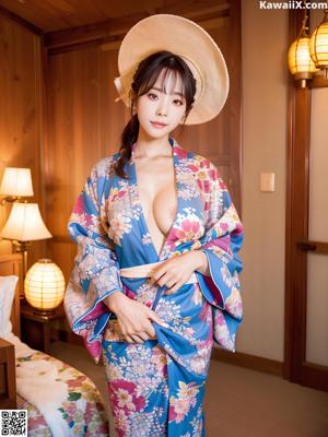 A woman in a blue kimono holding an umbrella on the beach.