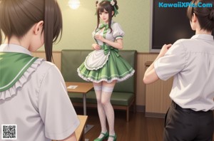 A woman in a green dress standing in front of a desk.