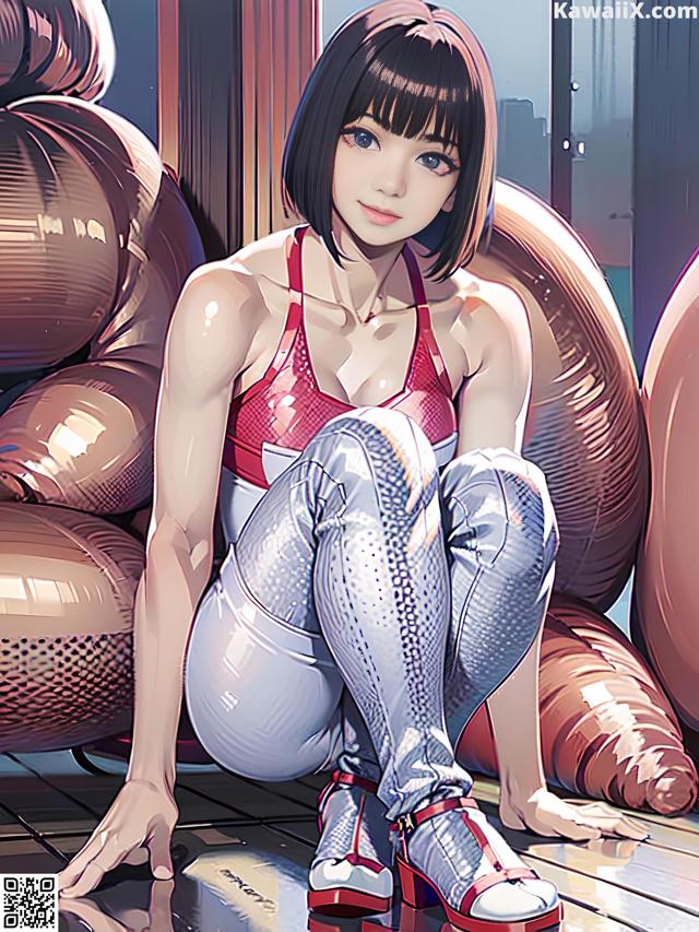 A woman in a red top and silver pants sitting on the floor.