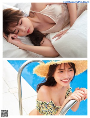 A woman in a blue bathing suit sitting on a white couch.