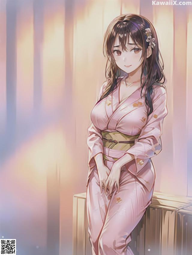 A woman in a pink kimono sitting on a window sill.