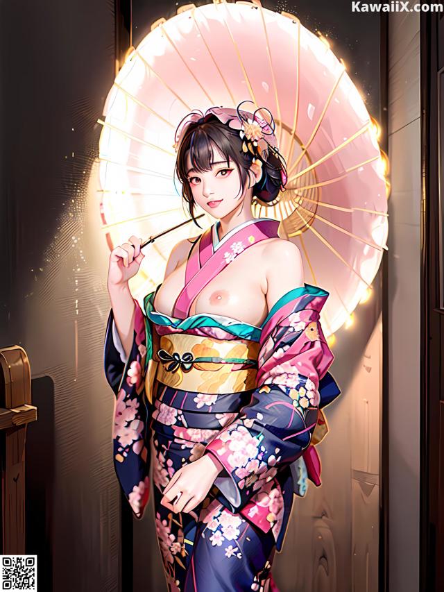 A woman in a kimono holding an umbrella.