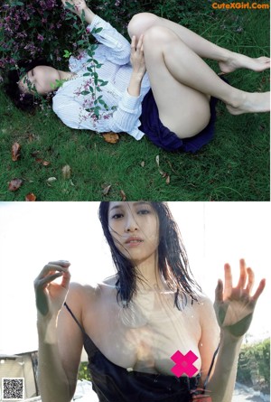 A picture of a naked woman with long black hair.