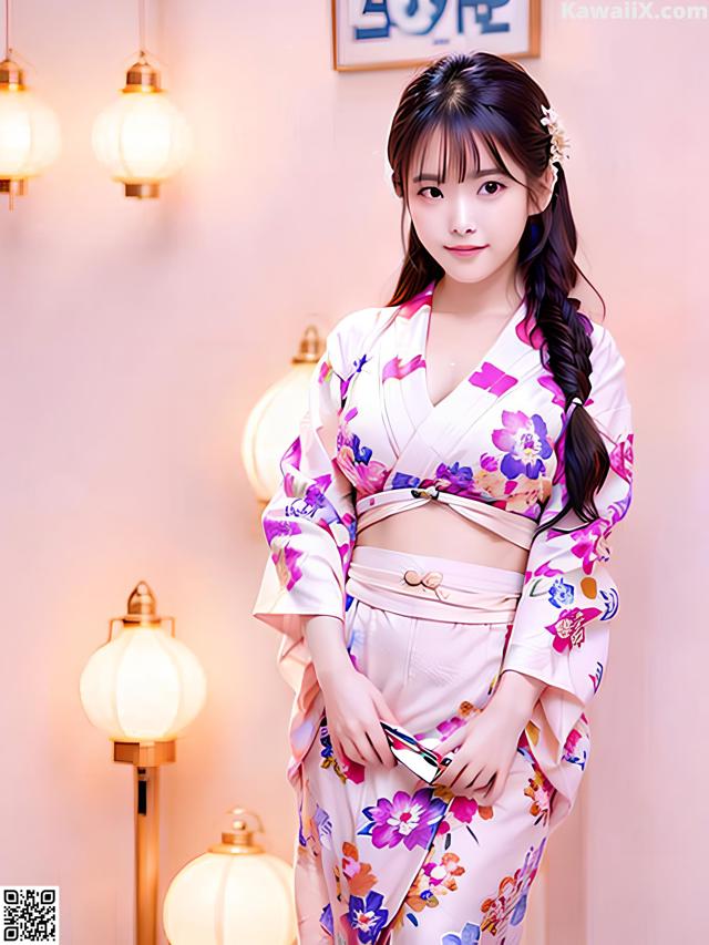 A woman in a pink kimono posing for a picture.