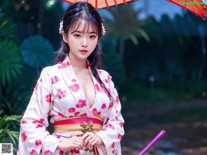 A woman in a kimono sitting on a bed.