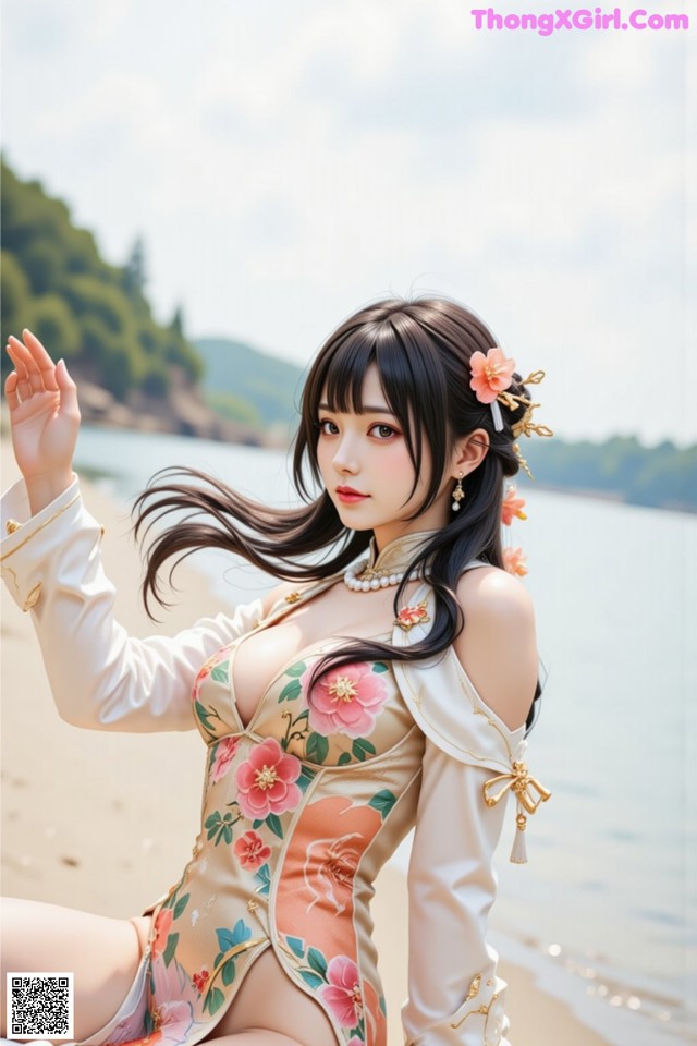 A woman in a white and pink dress sitting on a beach.