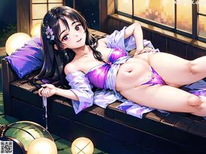 A woman in a pink kimono sitting on a bed.