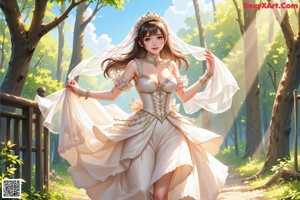 A woman in a wedding dress standing in the woods.