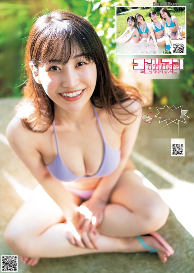 a japanese woman in a bikini sitting on the ground