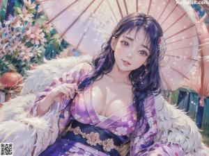 A woman in a kimono standing in front of a window.