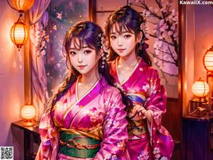 A woman in a pink kimono is posing for a picture.