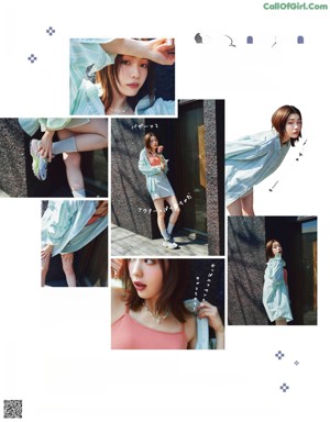 A magazine spread with a woman in a pink top and red skirt.