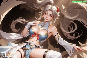 A woman with long white hair wearing a blue dress and boots.