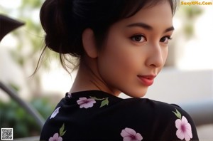 A woman in a kimono sitting on a wooden table.