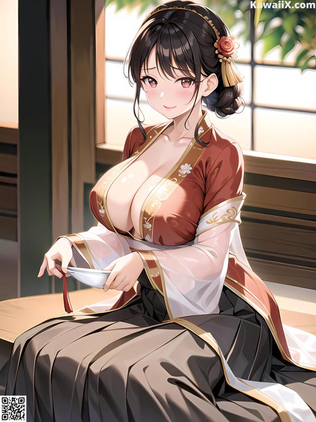 A woman in a kimono sitting on a table holding a bowl of food.
