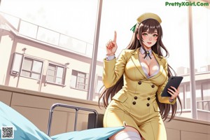a woman in a nurse uniform sitting on a chair