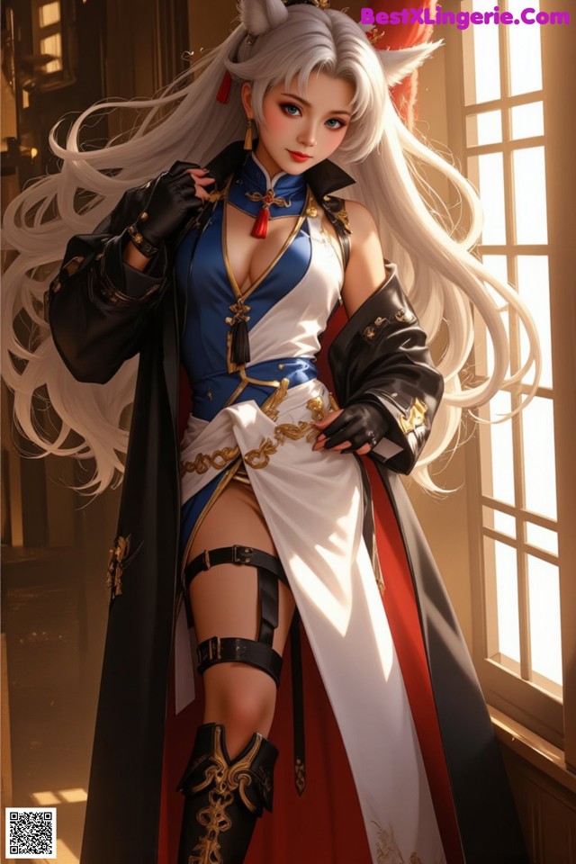 A woman with long white hair wearing a black and red outfit.