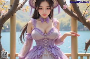 A woman in a purple and white dress is posing for a picture.