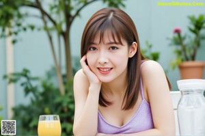 A woman in a blue and white dress holding a cup of coffee.