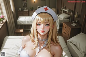 A girl in a nurse uniform laying in a hospital bed.