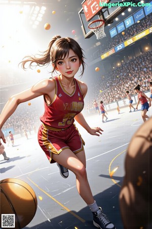 A girl in a basketball uniform dribbling a basketball on a court.