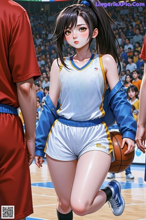 A girl in a basketball uniform crouching down on the ground.