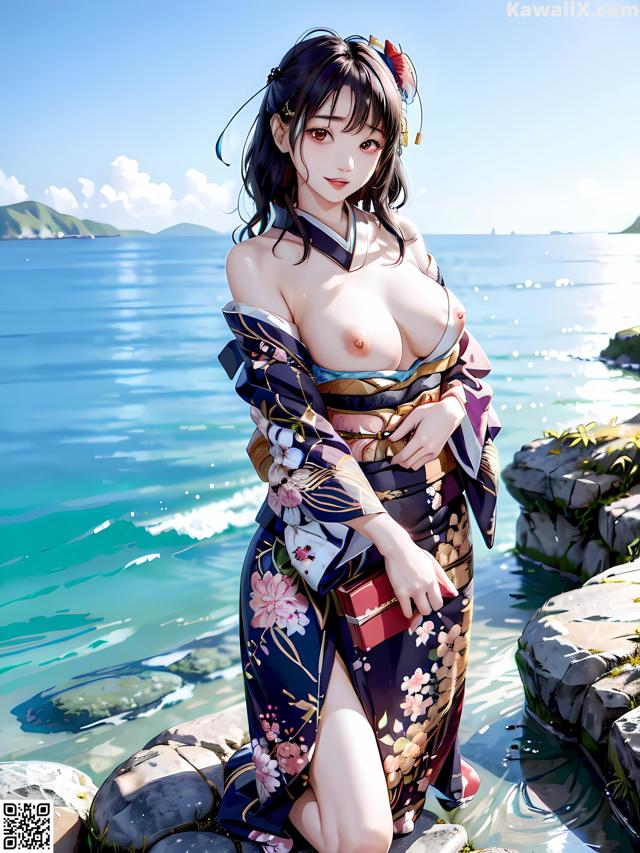 A woman in a kimono sitting on a rock by the water.