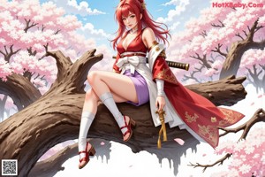 Woman in traditional red and white attire with cherry blossoms.