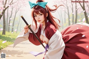 A woman in traditional attire holds a sword, standing on a path with cherry blossoms.