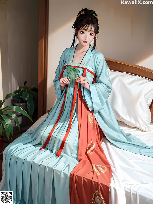 A woman in a blue and red dress sitting on a bed.