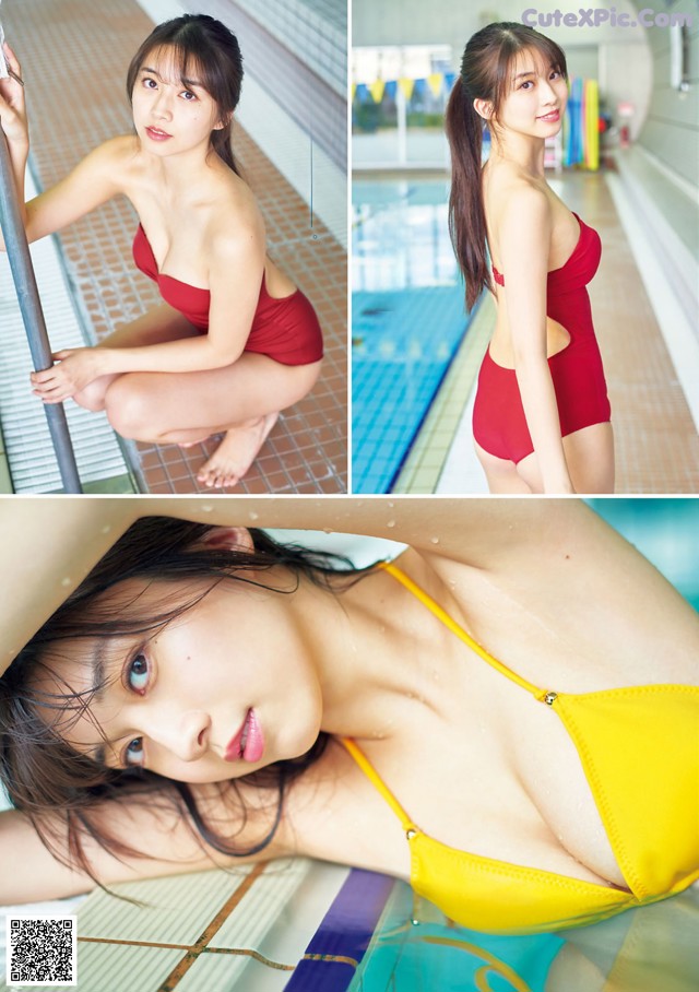 A woman in a red and yellow bathing suit posing by a pool.