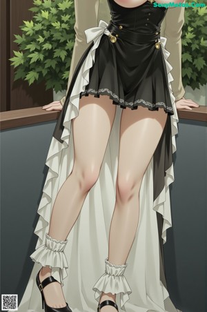 A woman in a maid outfit standing on a sidewalk.