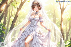 A woman in a wedding dress walking through a forest.