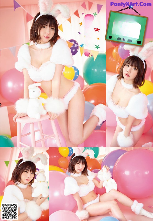 A woman in a bunny costume sitting on a chair with balloons.