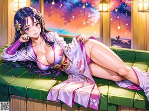 A woman in a purple kimono sitting on a bed.