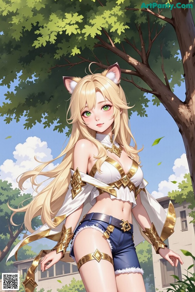 A girl with long blonde hair wearing a cat ears outfit.