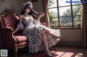 A woman in a brown and white dress sitting on a bed.