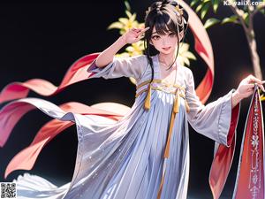 A woman in a kimono standing next to a body of water.